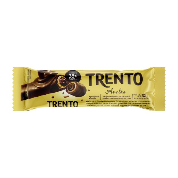 Wafer Recheio Avelã Cobertura Chocolate Ao Leite Trento Caixa 512g 16 Unidades